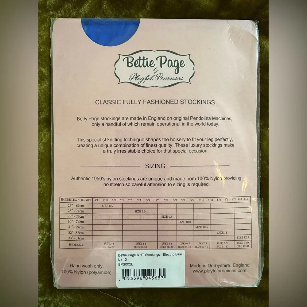 NWT Bettie Page Electric Cobalt Blue Fully Fashioned Stockings 15 Denier